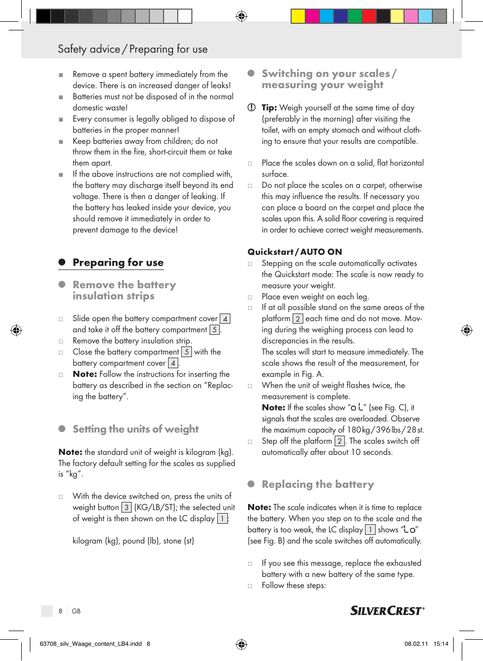 Safety advice / preparing for use, Preparing for use, Remove the battery insulation strips | Setting the units of weight, Switching on your scales / measuring your weight, Replacing the battery | Silvercrest Digital Bathroom Scale User Manual | Page 4 / 44