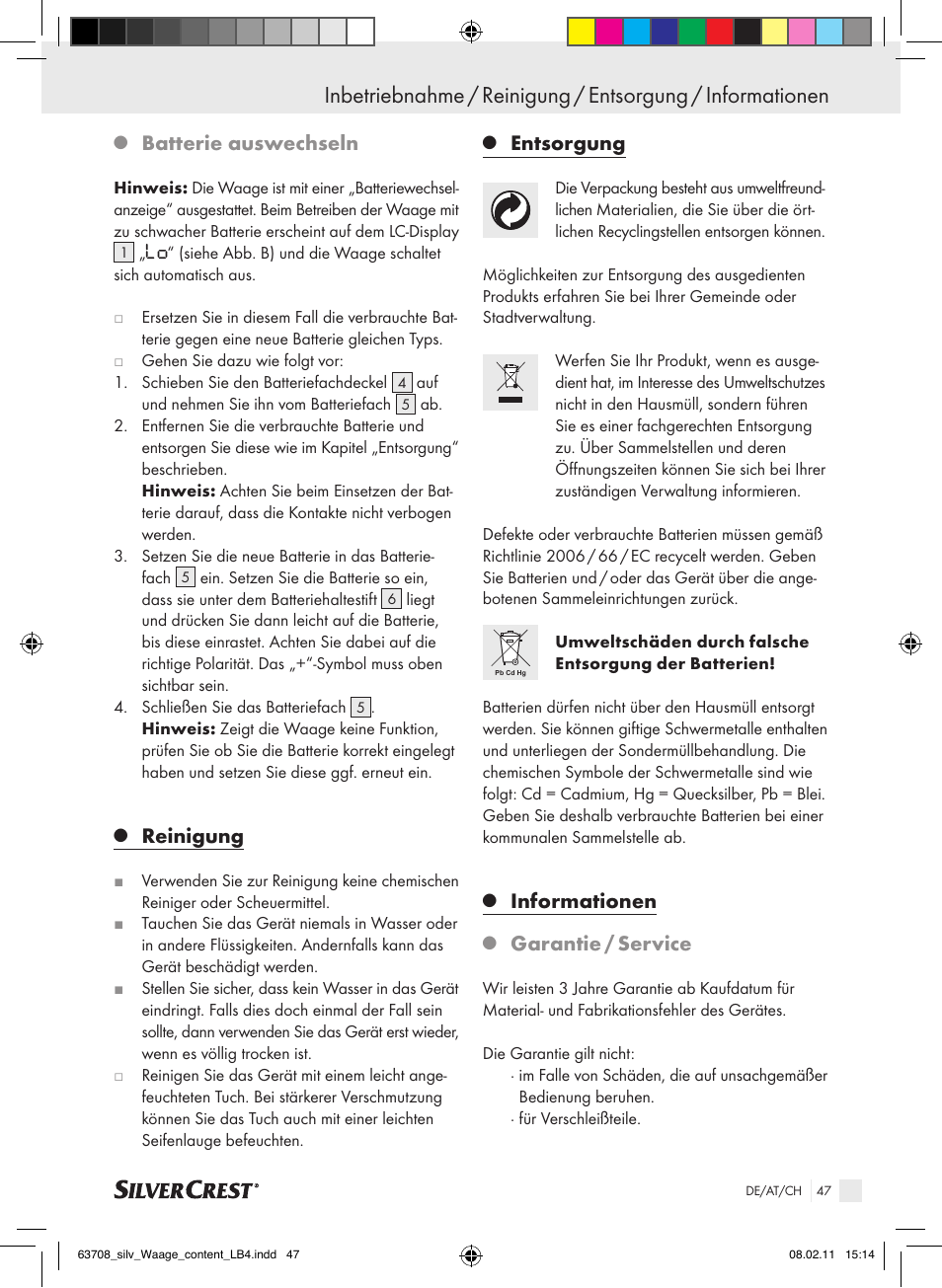 Batterie auswechseln, Reinigung, Entsorgung | Informationen, Garantie / service | Silvercrest Digital Bathroom Scale User Manual | Page 43 / 44