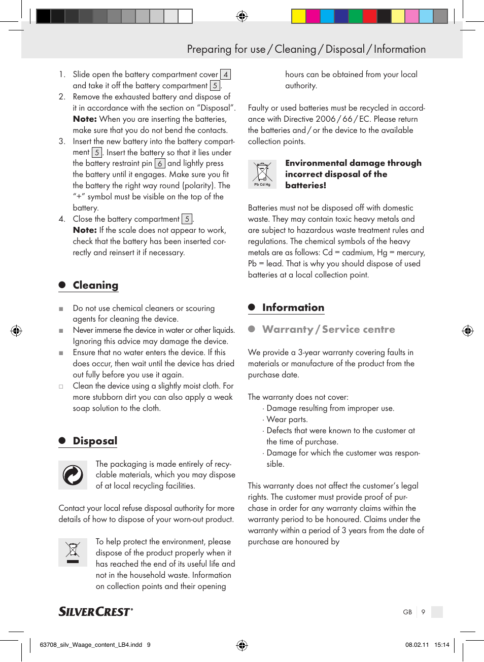 Cleaning, Disposal, Information | Warranty / service centre | Silvercrest Digital Bathroom Scale User Manual | Page 5 / 44