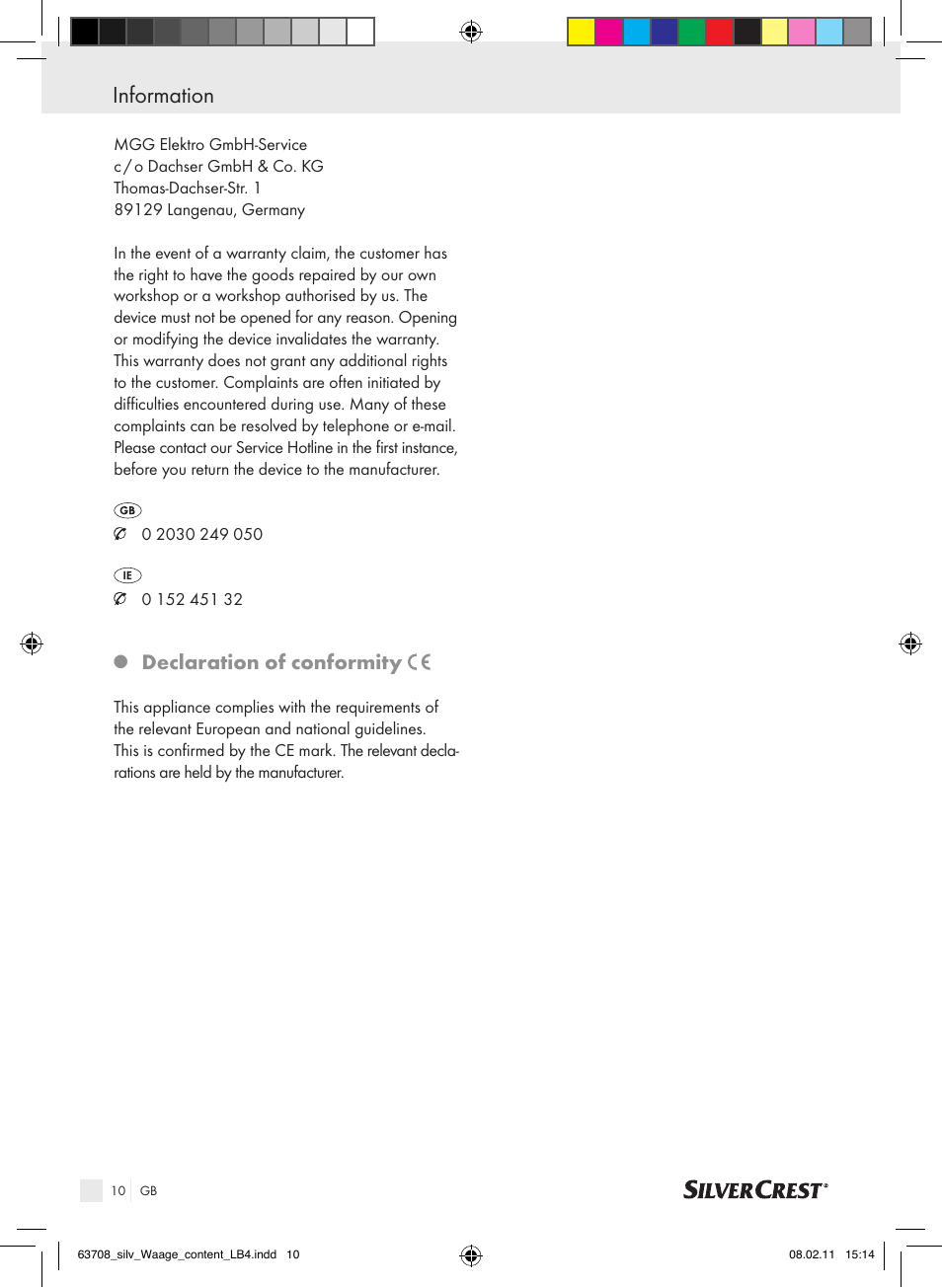 Information, Declaration of conformity | Silvercrest Digital Bathroom Scale User Manual | Page 6 / 44