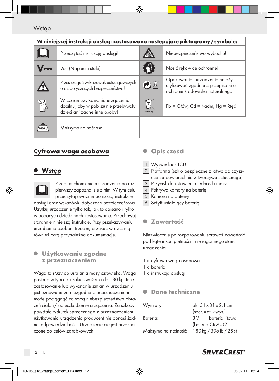 Wstęp, Cyfrowa waga osobowa, Użytkowanie zgodne z przeznaczeniem | Opis części, Zawartość, Dane techniczne | Silvercrest Digital Bathroom Scale User Manual | Page 8 / 44