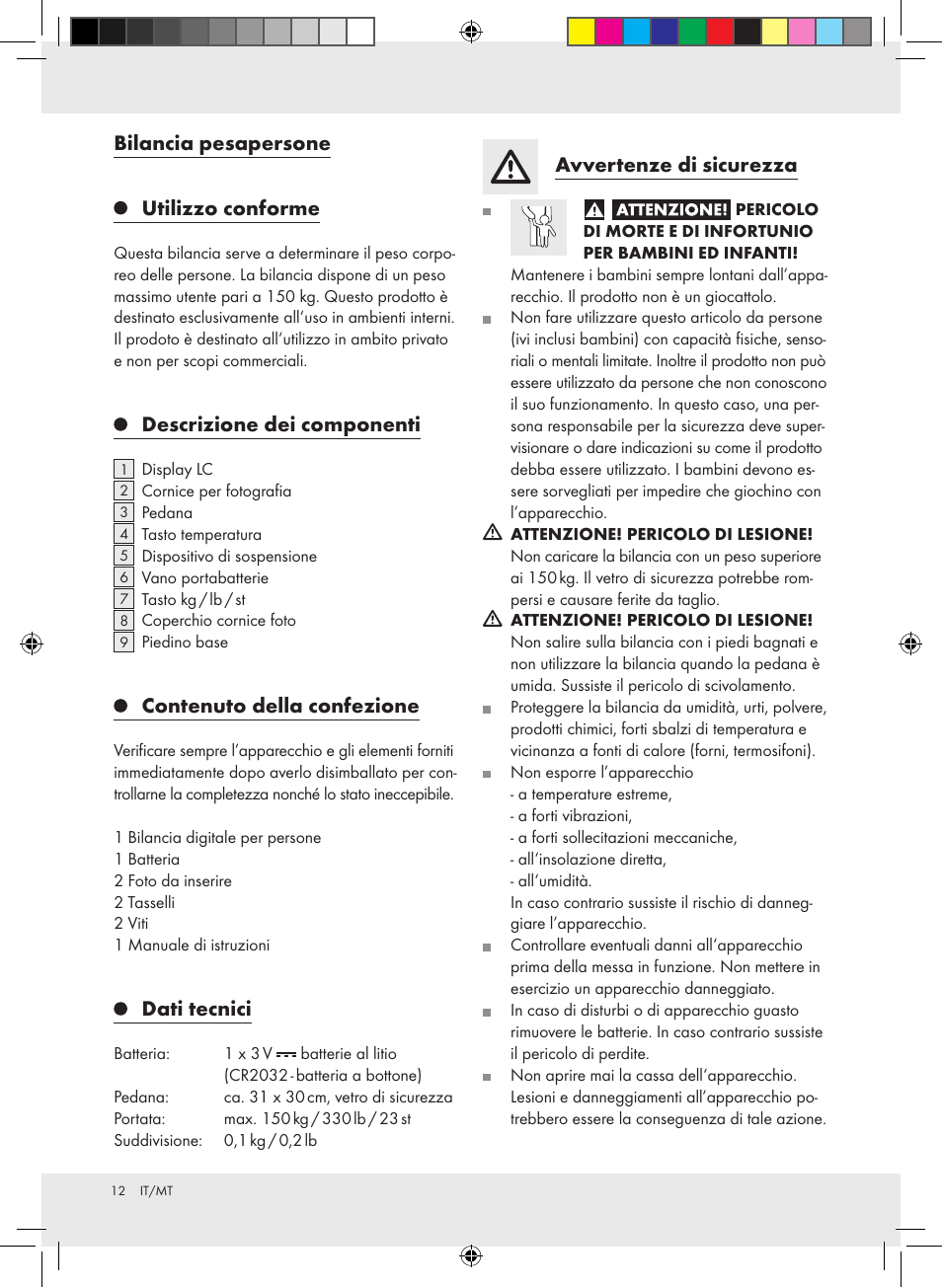 Bilancia pesapersone, Utilizzo conforme, Descrizione dei componenti | Contenuto della confezione, Dati tecnici, Avvertenze di sicurezza | Silvercrest Z31279 User Manual | Page 12 / 35
