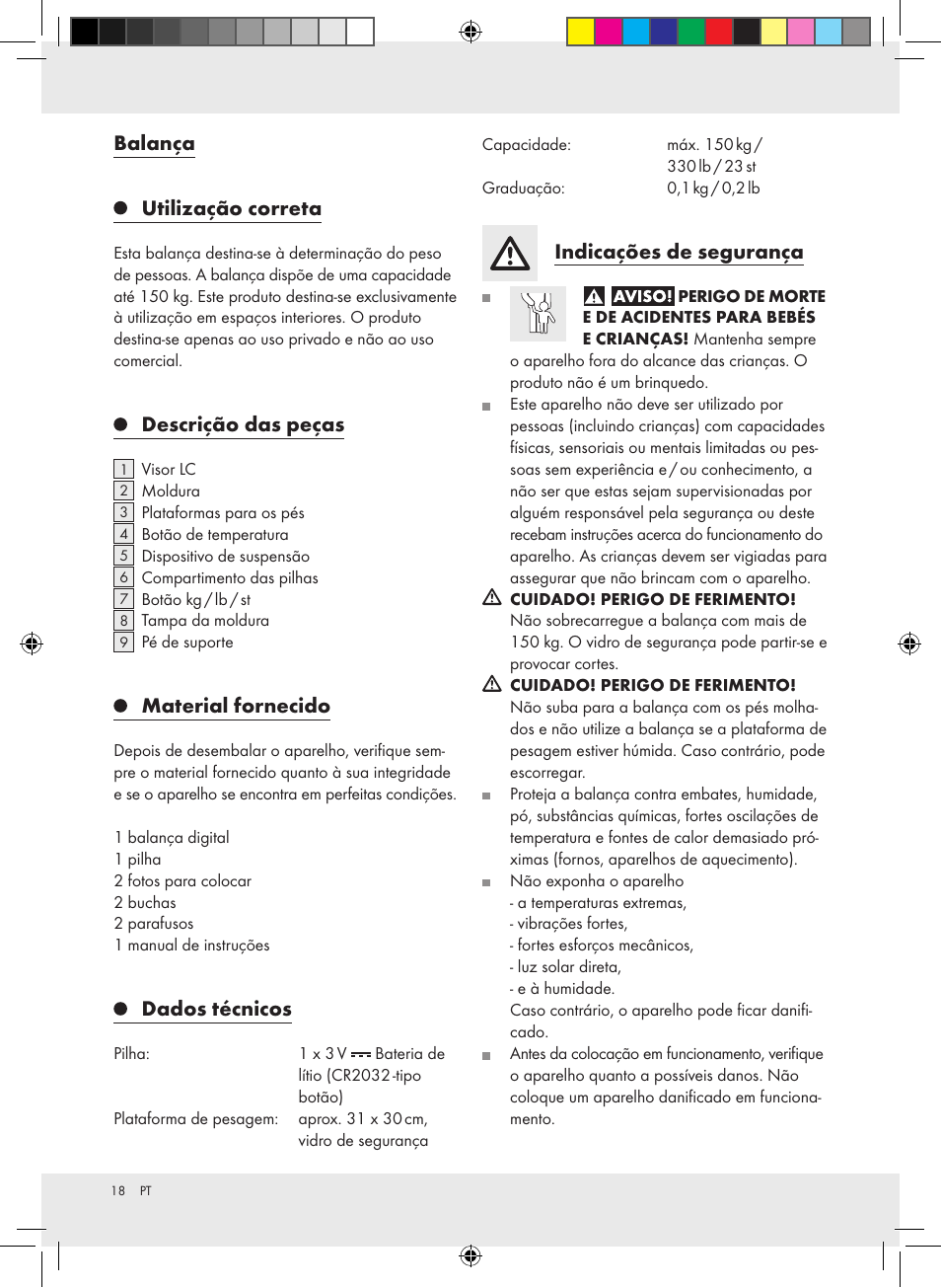 Balança, Utilização correta, Descrição das peças | Material fornecido, Dados técnicos, Indicações de segurança | Silvercrest Z31279 User Manual | Page 18 / 35