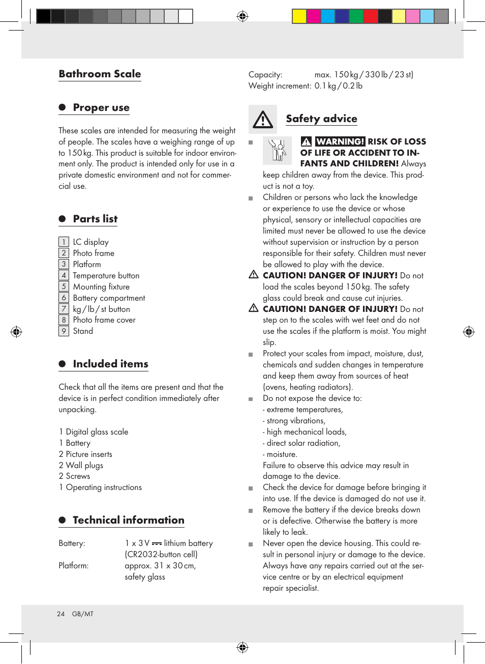 Bathroom scale, Proper use, Parts list | Included items, Technical information, Safety advice | Silvercrest Z31279 User Manual | Page 24 / 35