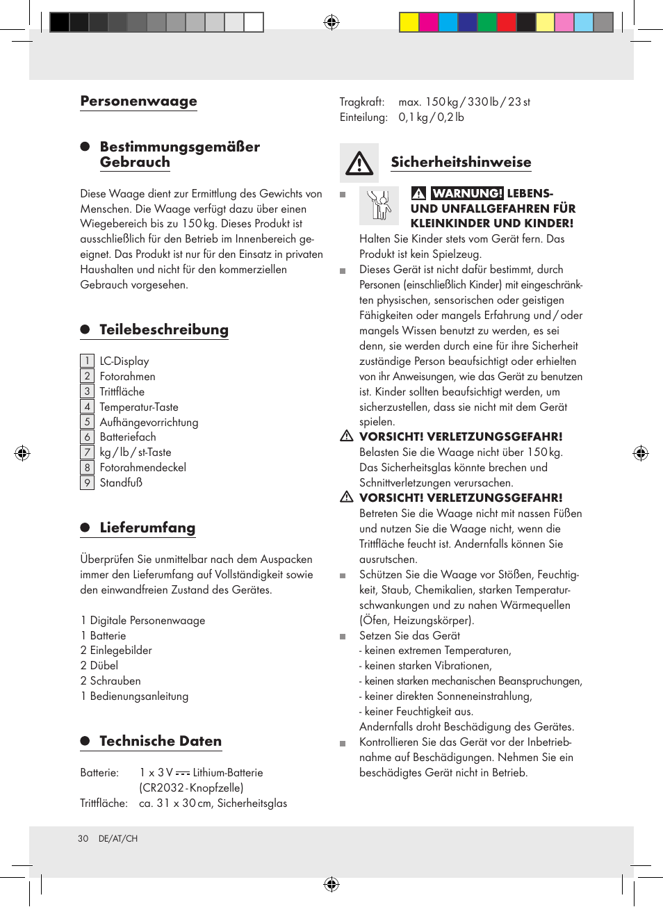 Personenwaage, Bestimmungsgemäßer gebrauch, Teilebeschreibung | Lieferumfang, Technische daten, Sicherheitshinweise | Silvercrest Z31279 User Manual | Page 30 / 35