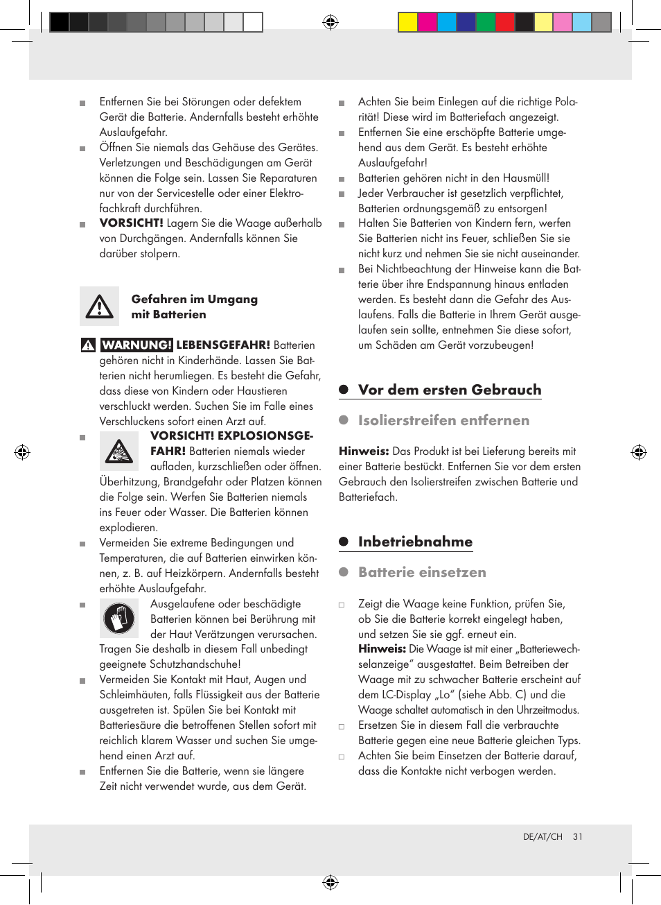 Vor dem ersten gebrauch, Isolierstreifen entfernen, Inbetriebnahme | Batterie einsetzen | Silvercrest Z31279 User Manual | Page 31 / 35