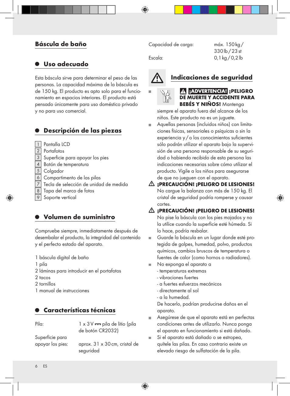 Báscula de baño, Uso adecuado, Descripción de las piezas | Volumen de suministro, Características técnicas, Indicaciones de seguridad | Silvercrest Z31279 User Manual | Page 6 / 35