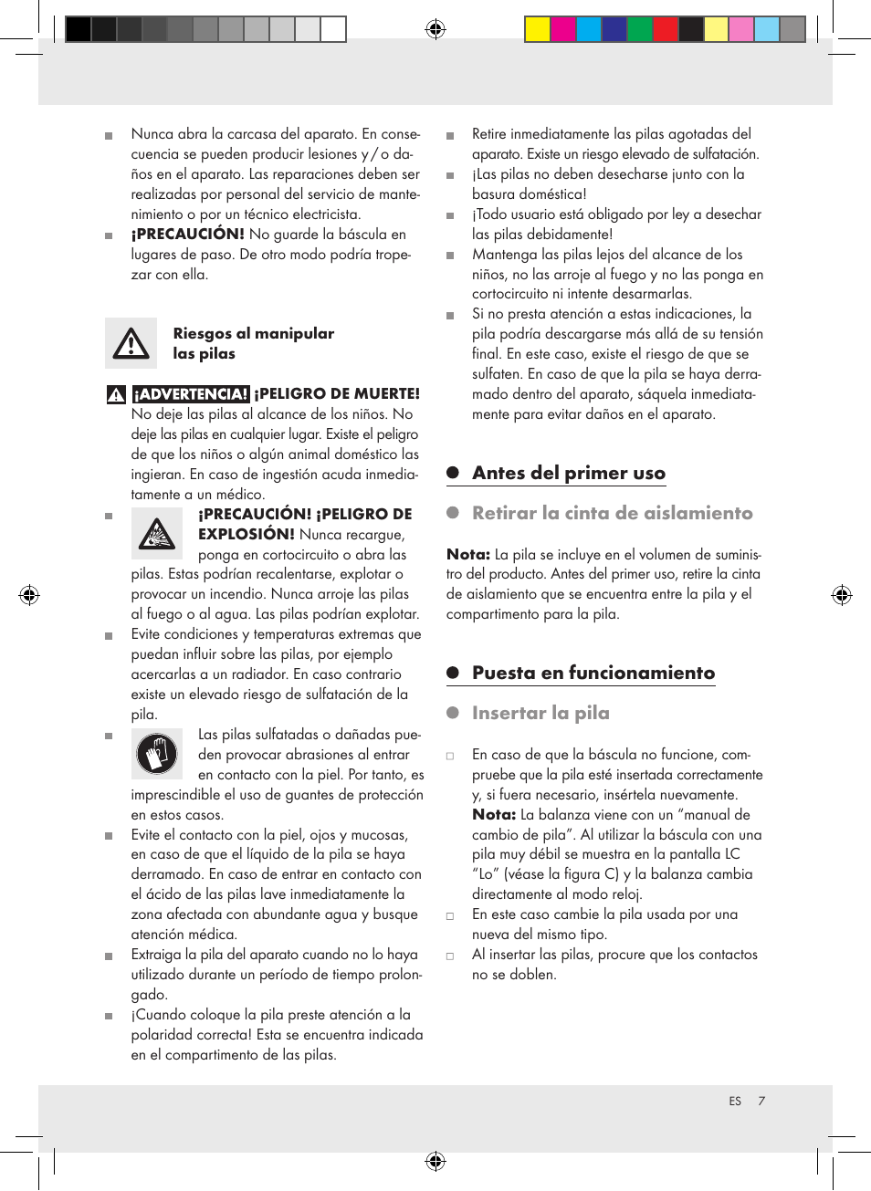 Antes del primer uso, Retirar la cinta de aislamiento, Puesta en funcionamiento | Insertar la pila | Silvercrest Z31279 User Manual | Page 7 / 35