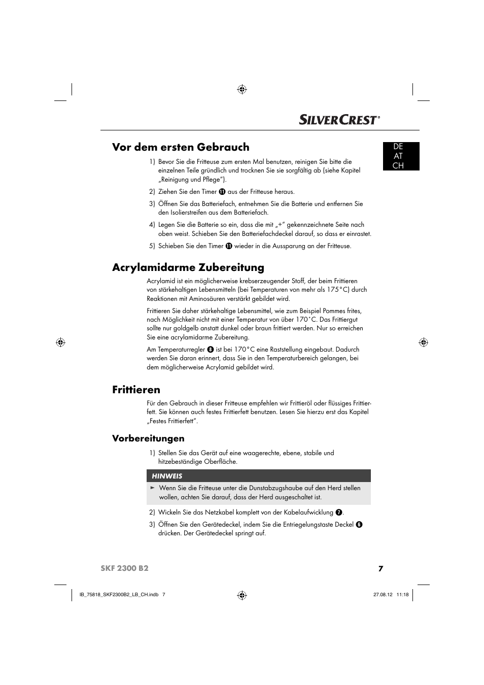 Vor dem ersten gebrauch, Acrylamidarme zubereitung, Frittieren | Vorbereitungen, De at ch | Silvercrest SKF 2300 B2 User Manual | Page 10 / 84