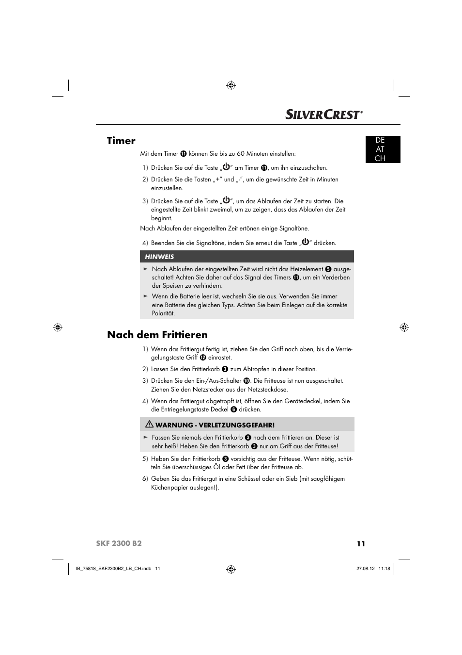 Timer, Nach dem frittieren, De at ch | Silvercrest SKF 2300 B2 User Manual | Page 14 / 84