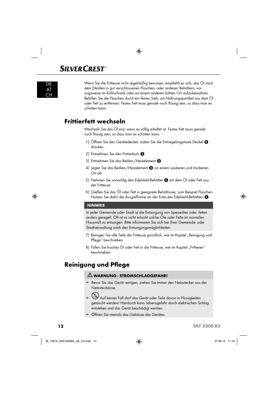 Frittierfett wechseln, Reinigung und pﬂ ege, De at ch | Silvercrest SKF 2300 B2 User Manual | Page 15 / 84