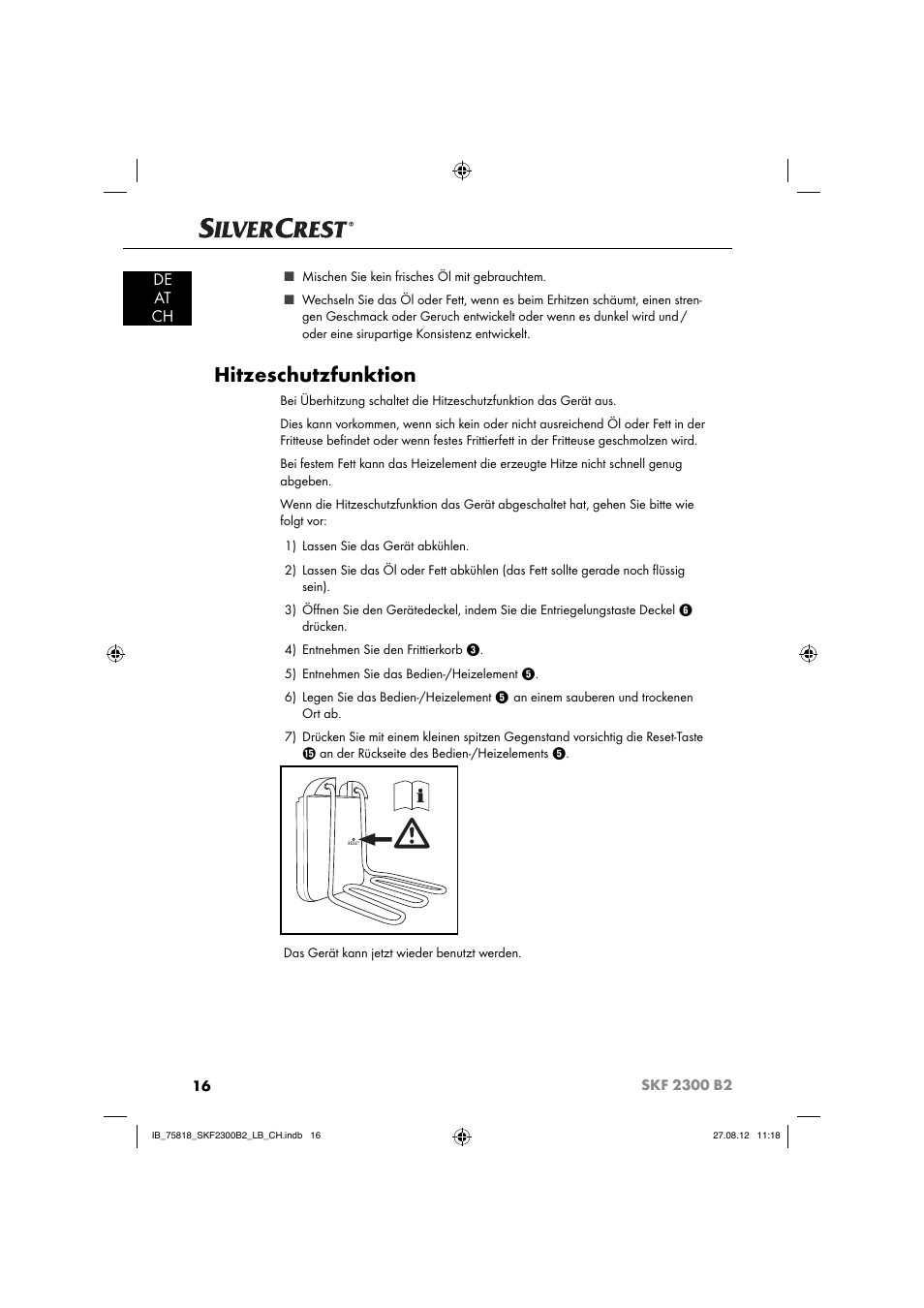 Hitzeschutzfunktion, De at ch | Silvercrest SKF 2300 B2 User Manual | Page 19 / 84