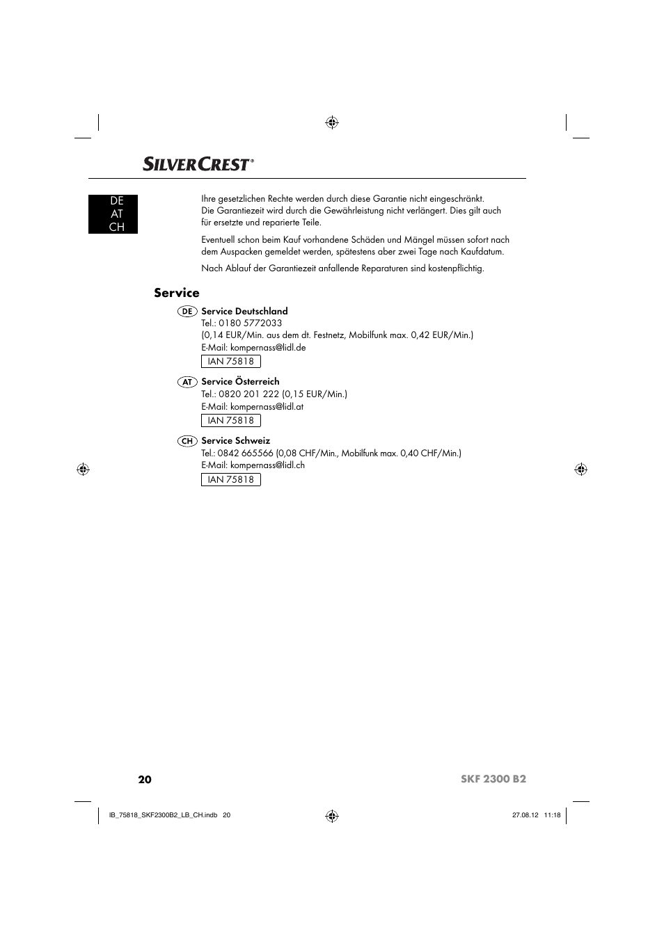 Service, De at ch | Silvercrest SKF 2300 B2 User Manual | Page 23 / 84