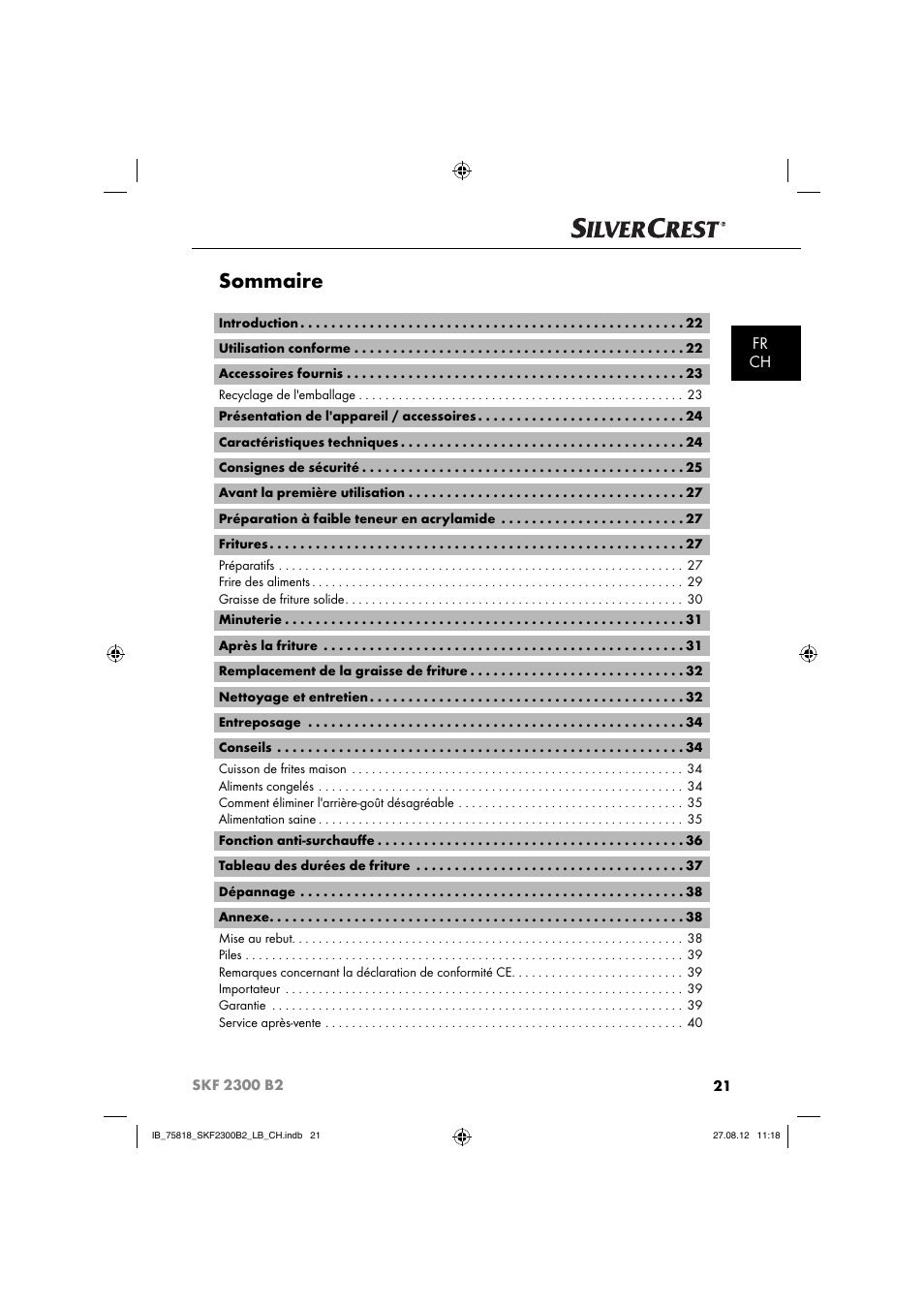 Sommaire, Fr ch | Silvercrest SKF 2300 B2 User Manual | Page 24 / 84