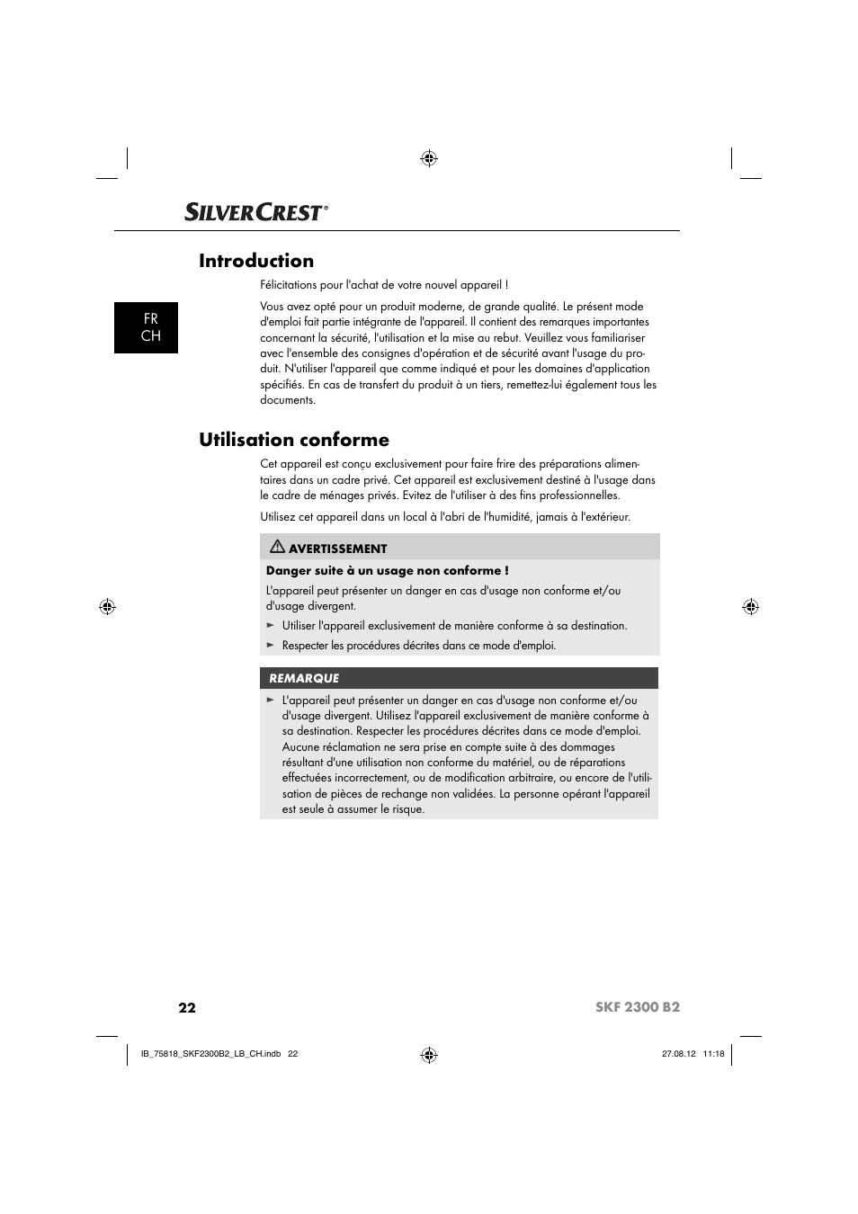 Introduction, Utilisation conforme, Fr ch | Silvercrest SKF 2300 B2 User Manual | Page 25 / 84