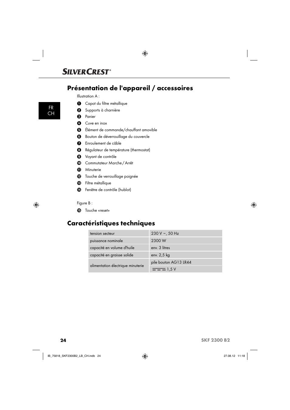 Présentation de l'appareil / accessoires, Caractéristiques techniques, Fr ch | Silvercrest SKF 2300 B2 User Manual | Page 27 / 84