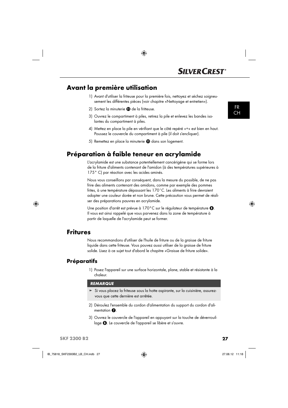 Avant la première utilisation, Préparation à faible teneur en acrylamide, Fritures | Préparatifs, Fr ch | Silvercrest SKF 2300 B2 User Manual | Page 30 / 84