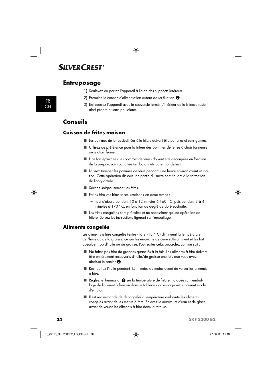 Entreposage, Conseils, Cuisson de frites maison | Aliments congelés, Fr ch | Silvercrest SKF 2300 B2 User Manual | Page 37 / 84