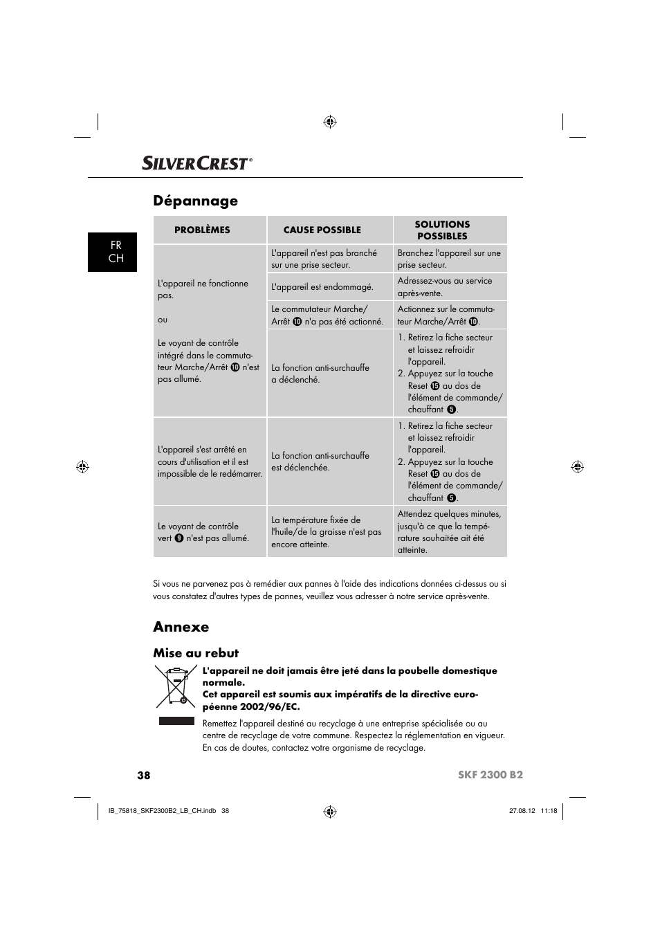 Dépannage, Annexe, Mise au rebut | Fr ch | Silvercrest SKF 2300 B2 User Manual | Page 41 / 84