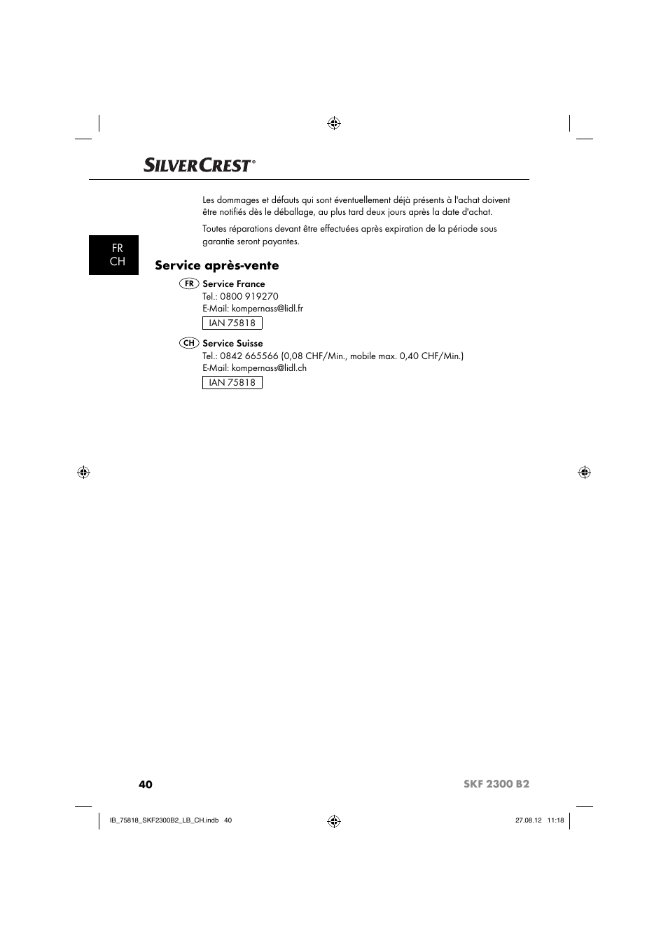 Service après-vente, Fr ch | Silvercrest SKF 2300 B2 User Manual | Page 43 / 84