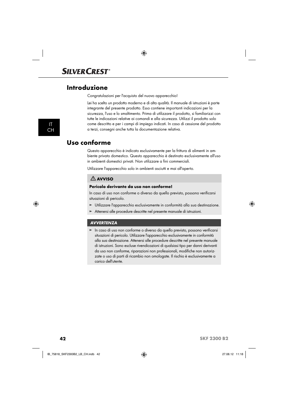 Introduzione, Uso conforme, It ch | Silvercrest SKF 2300 B2 User Manual | Page 45 / 84