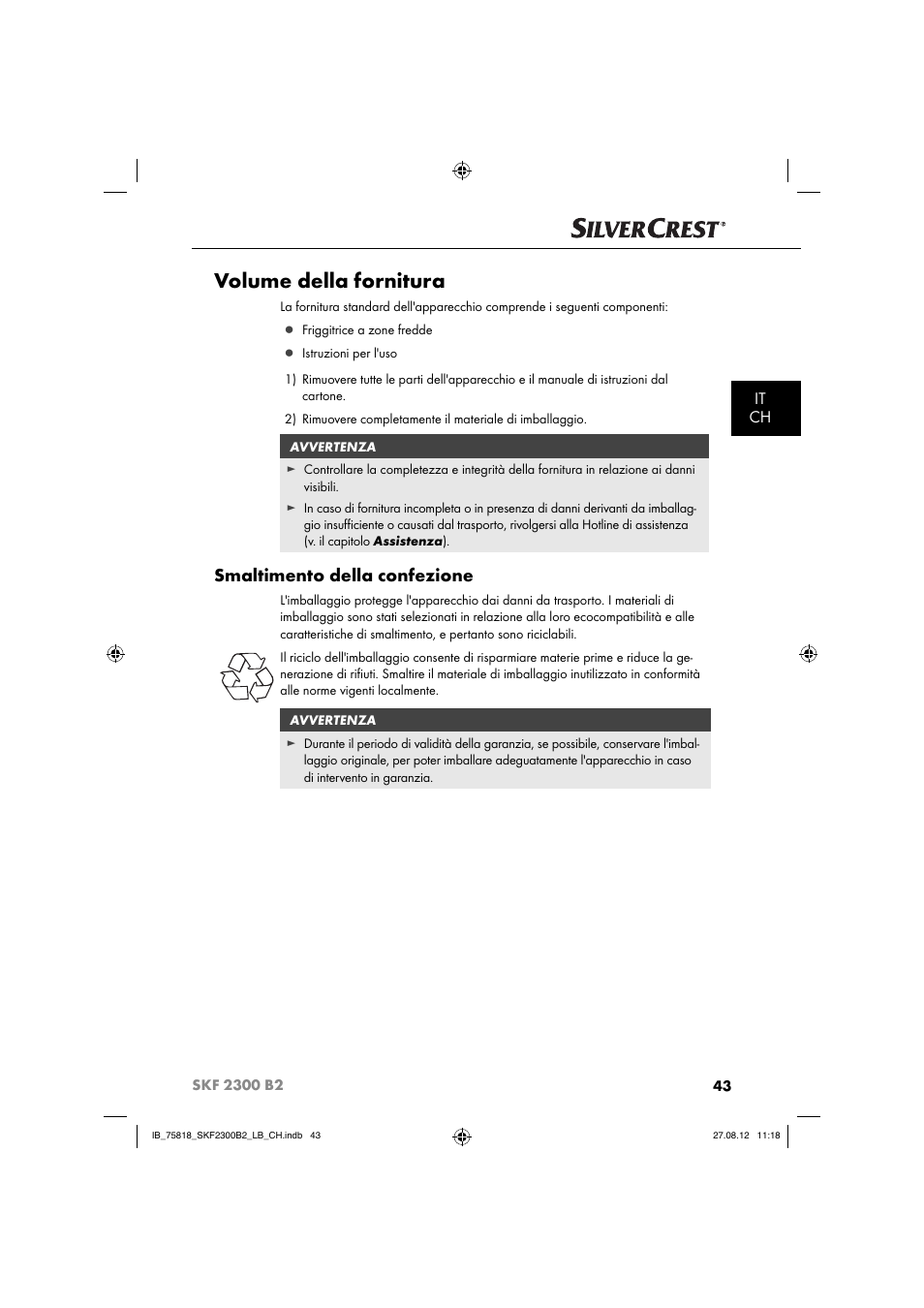 Volume della fornitura, Smaltimento della confezione, It ch | Silvercrest SKF 2300 B2 User Manual | Page 46 / 84