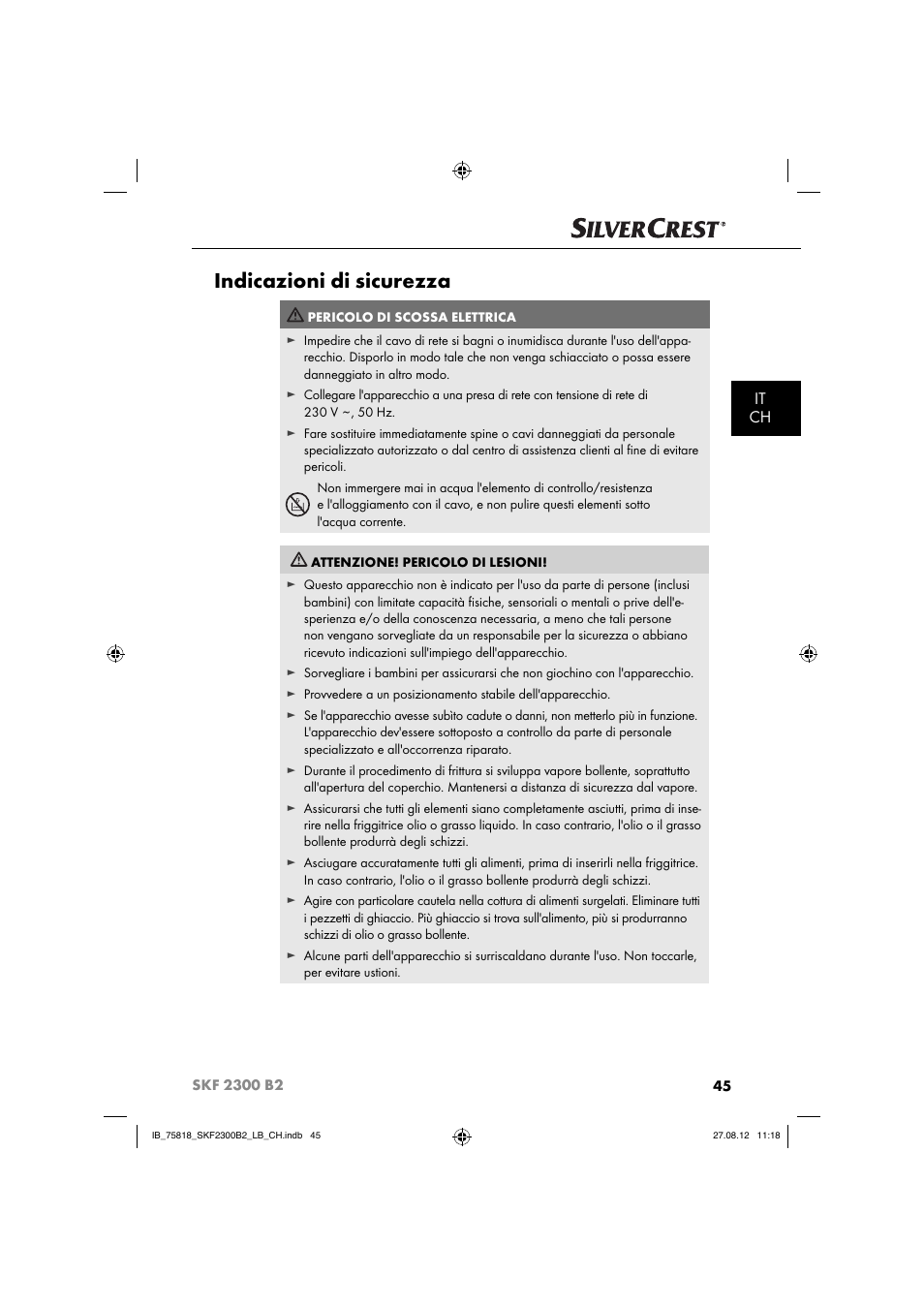 Indicazioni di sicurezza, It ch | Silvercrest SKF 2300 B2 User Manual | Page 48 / 84
