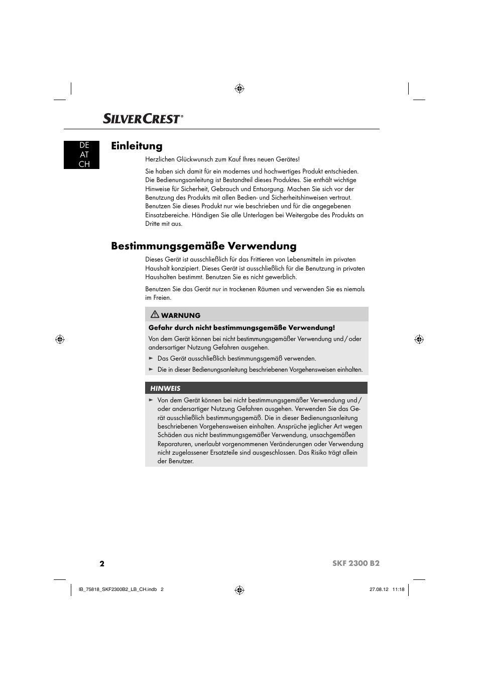 Einleitung, Bestimmungsgemäße verwendung, De at ch | Silvercrest SKF 2300 B2 User Manual | Page 5 / 84