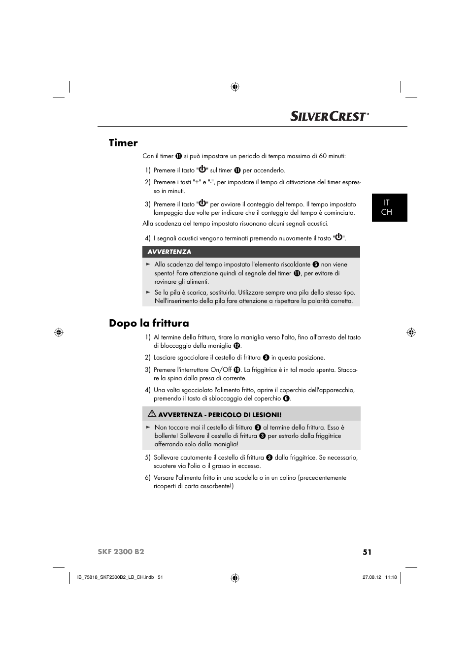 Timer, Dopo la frittura, It ch | Silvercrest SKF 2300 B2 User Manual | Page 54 / 84