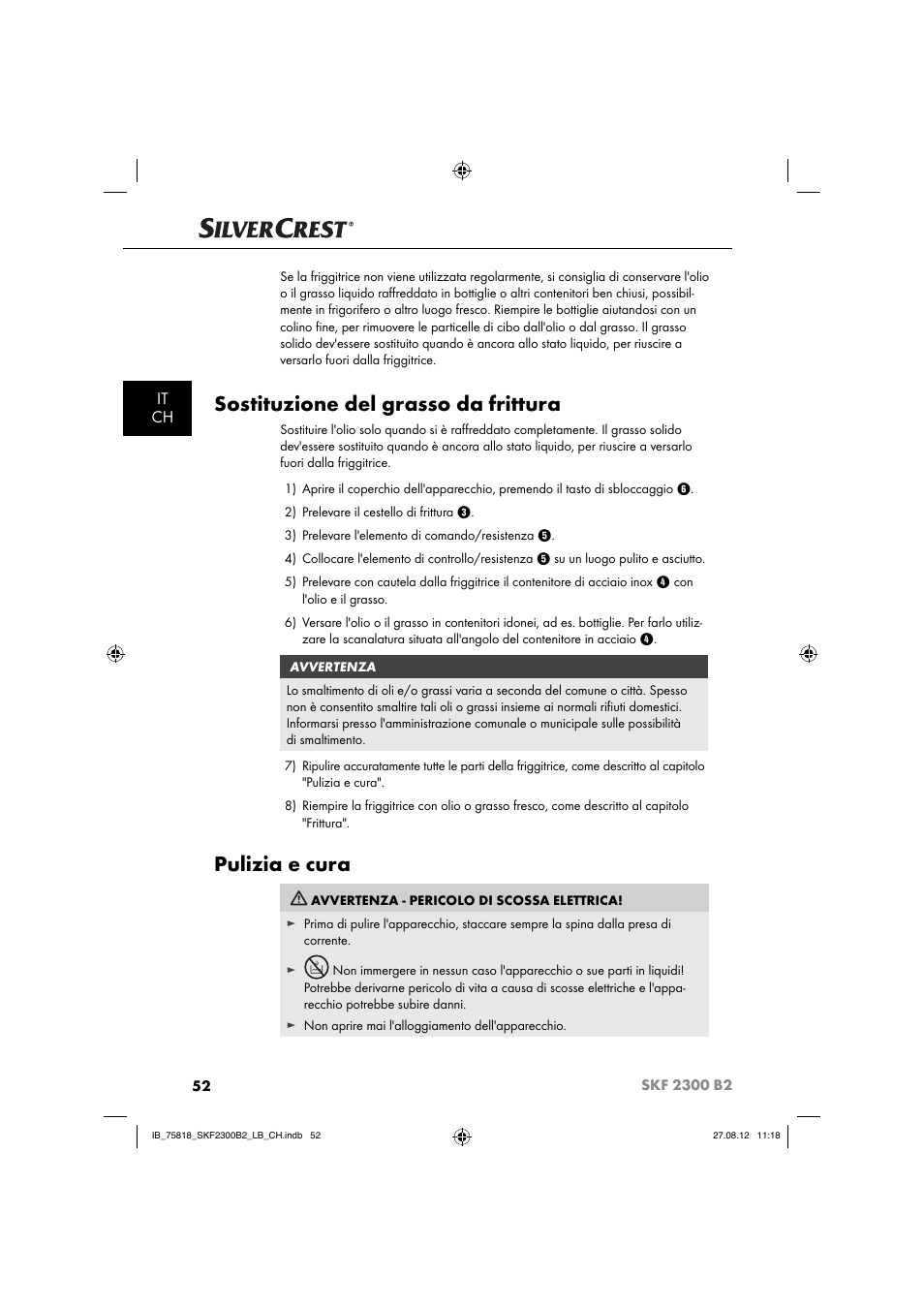 Sostituzione del grasso da frittura, Pulizia e cura, It ch | Silvercrest SKF 2300 B2 User Manual | Page 55 / 84