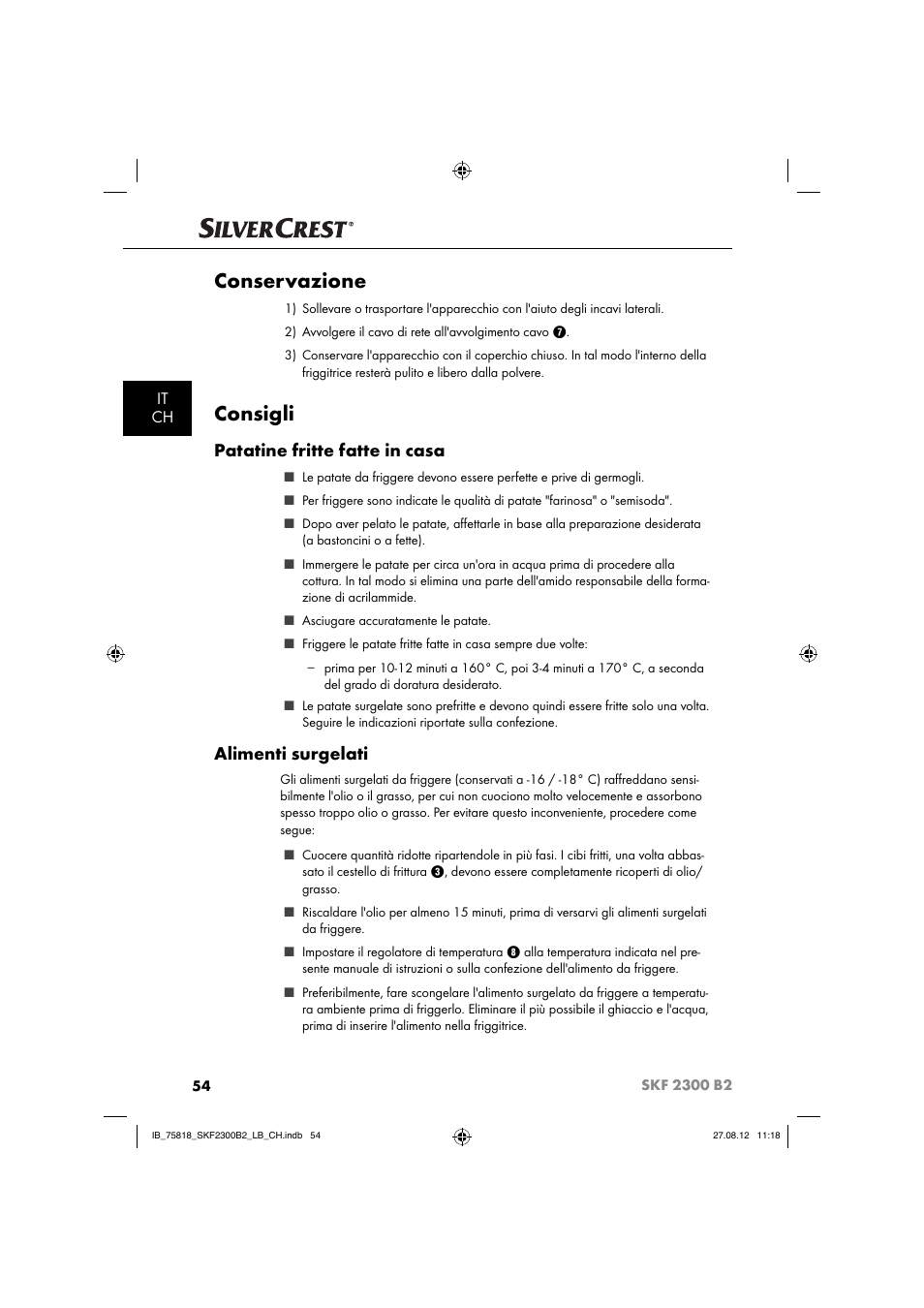 Conservazione, Consigli, Patatine fritte fatte in casa | Alimenti surgelati, It ch | Silvercrest SKF 2300 B2 User Manual | Page 57 / 84