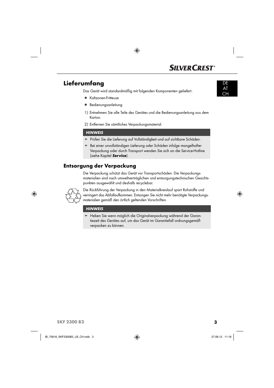 Lieferumfang, Entsorgung der verpackung, De at ch | Silvercrest SKF 2300 B2 User Manual | Page 6 / 84