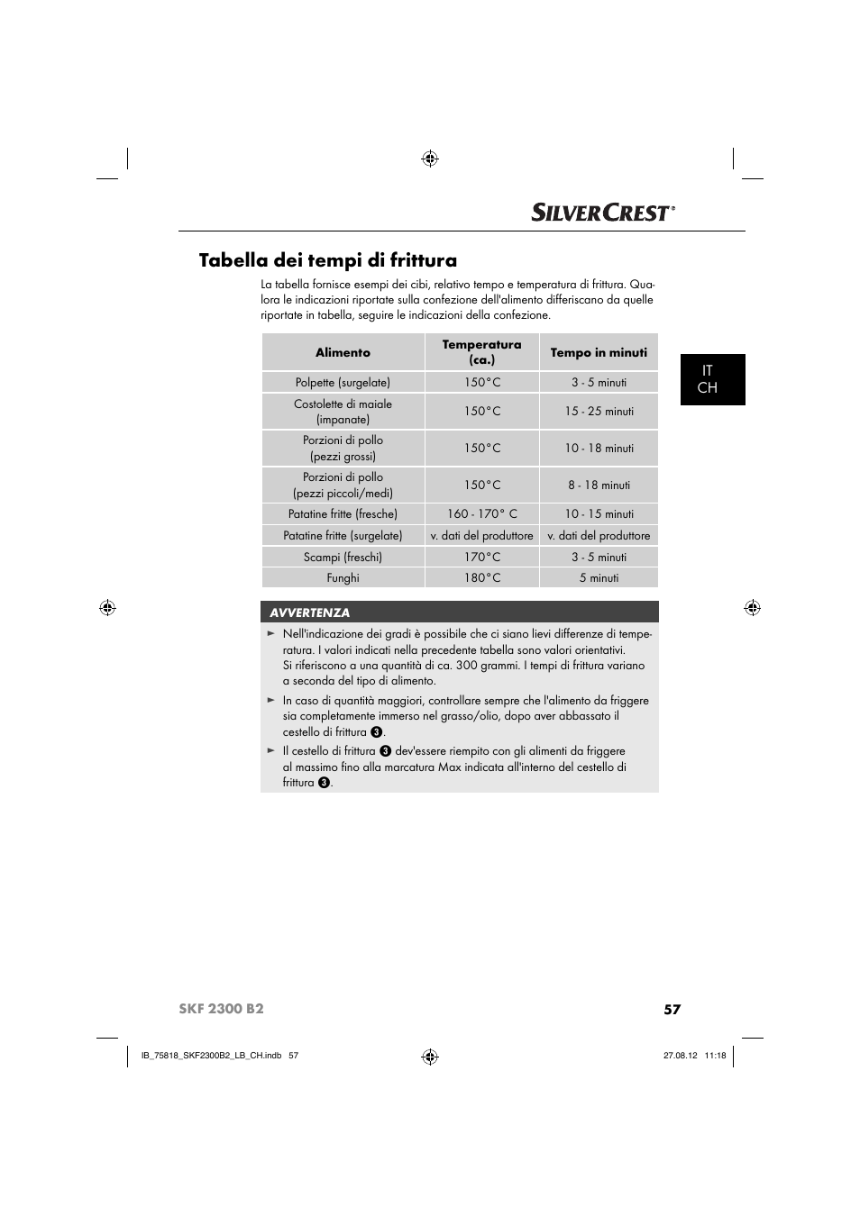 Tabella dei tempi di frittura, It ch | Silvercrest SKF 2300 B2 User Manual | Page 60 / 84