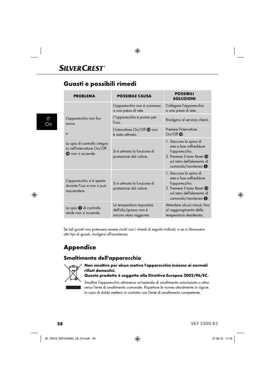 Guasti e possibili rimedi, Appendice, Smaltimento dell'apparecchio | It ch | Silvercrest SKF 2300 B2 User Manual | Page 61 / 84