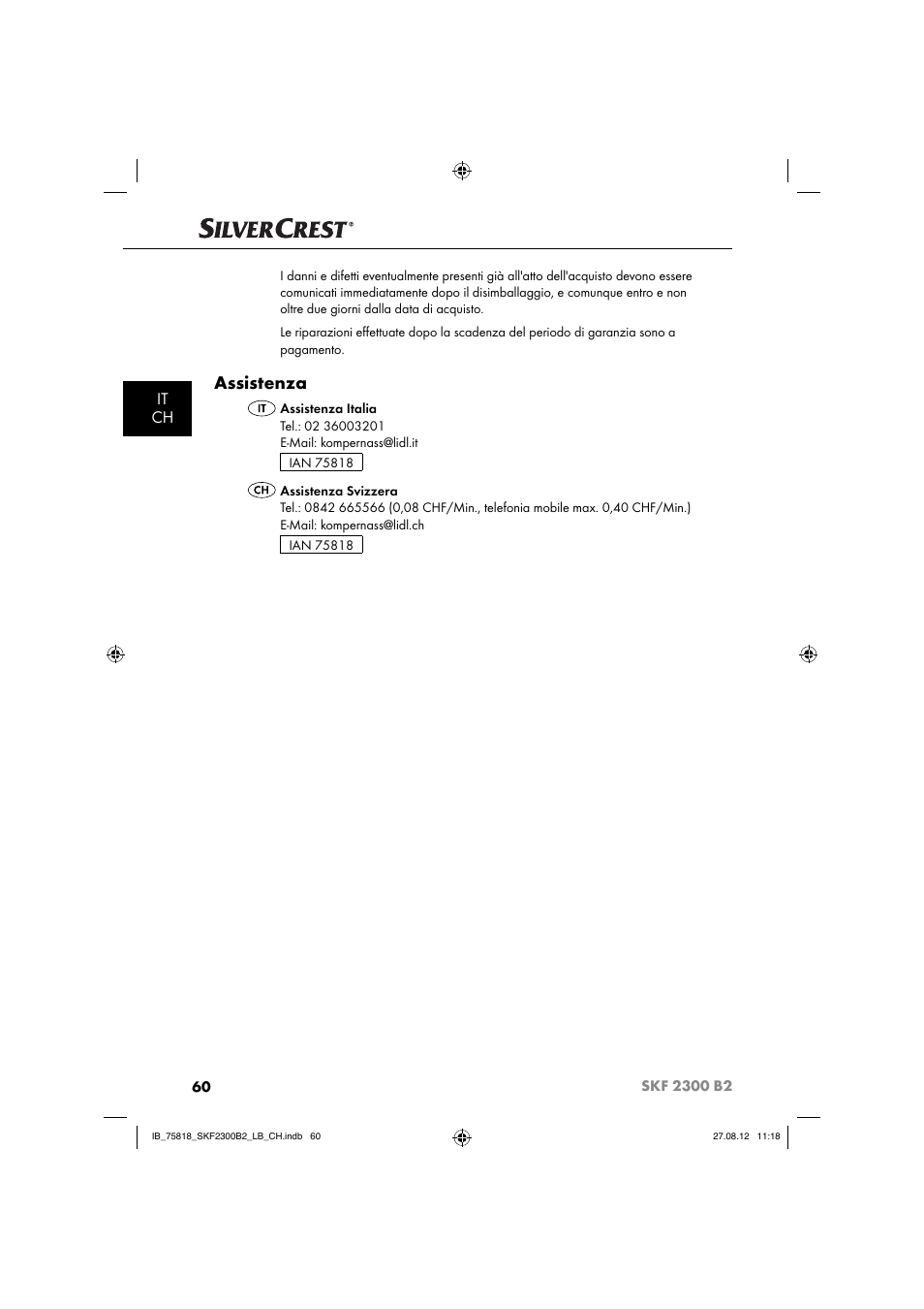 Assistenza, It ch | Silvercrest SKF 2300 B2 User Manual | Page 63 / 84