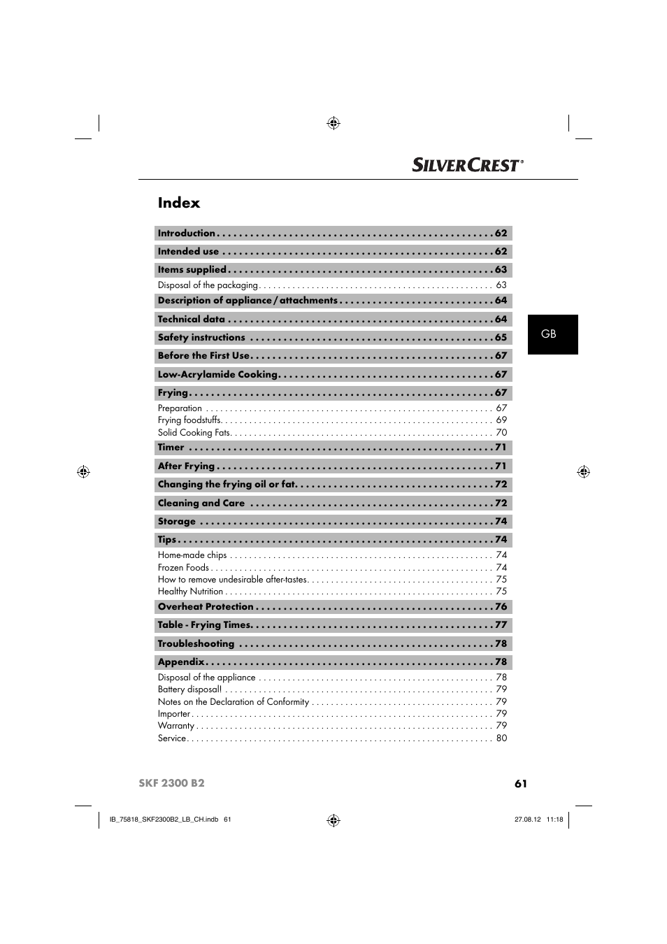 Index | Silvercrest SKF 2300 B2 User Manual | Page 64 / 84