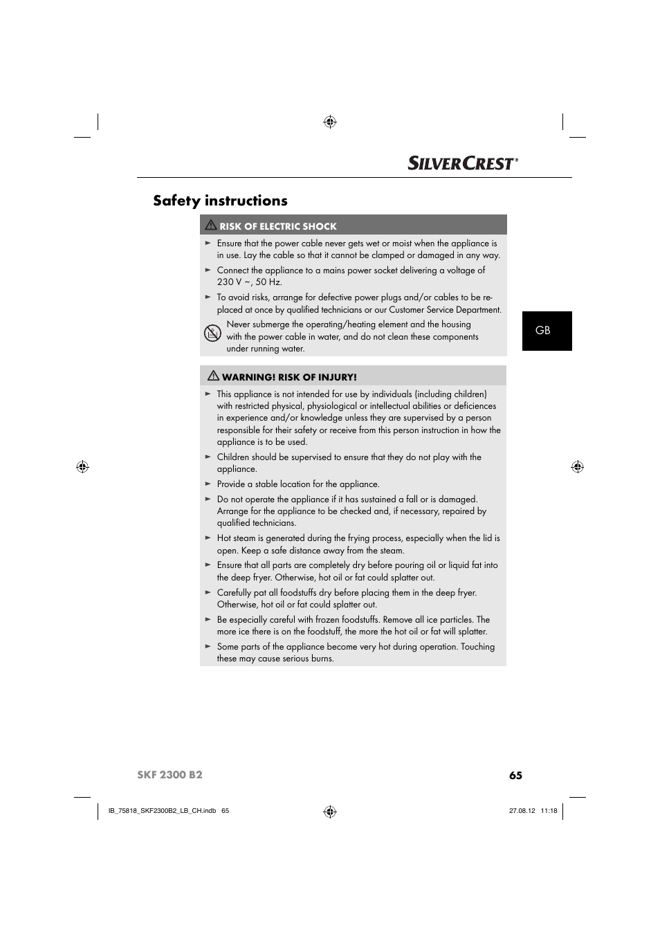 Safety instructions | Silvercrest SKF 2300 B2 User Manual | Page 68 / 84