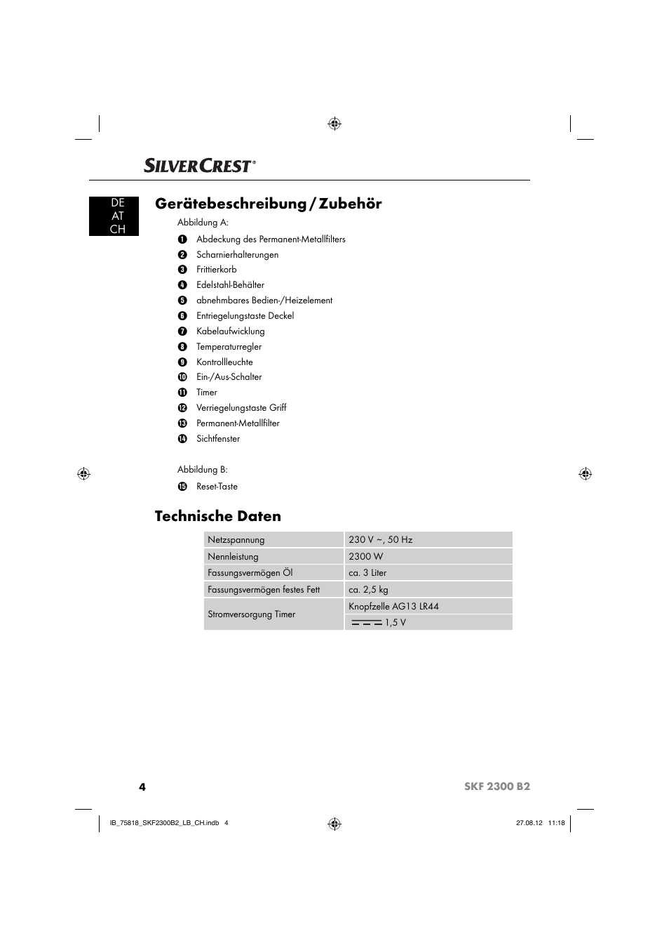 Gerätebeschreibung / zubehör, Technische daten, De at ch | Silvercrest SKF 2300 B2 User Manual | Page 7 / 84