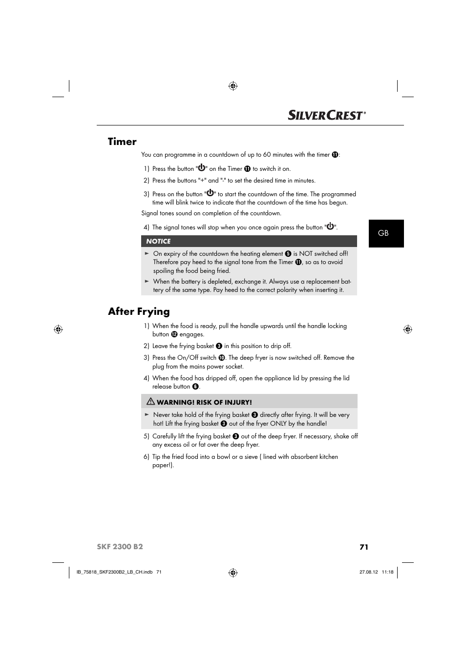 Timer, After frying | Silvercrest SKF 2300 B2 User Manual | Page 74 / 84