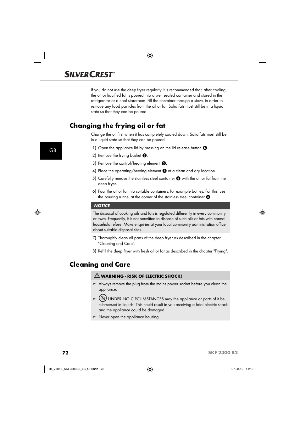 Changing the frying oil or fat, Cleaning and care | Silvercrest SKF 2300 B2 User Manual | Page 75 / 84