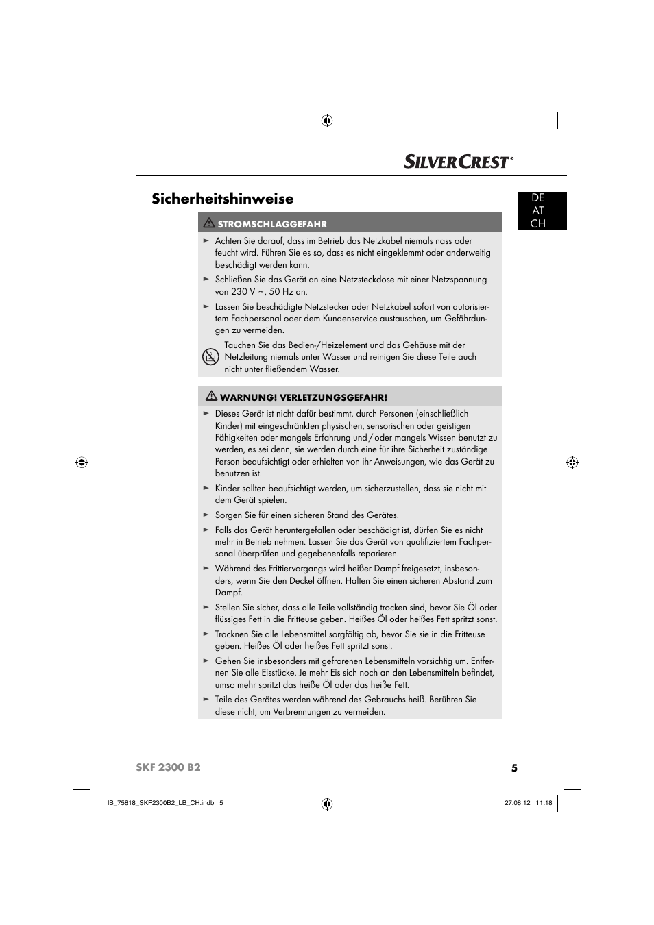 Sicherheitshinweise, De at ch | Silvercrest SKF 2300 B2 User Manual | Page 8 / 84