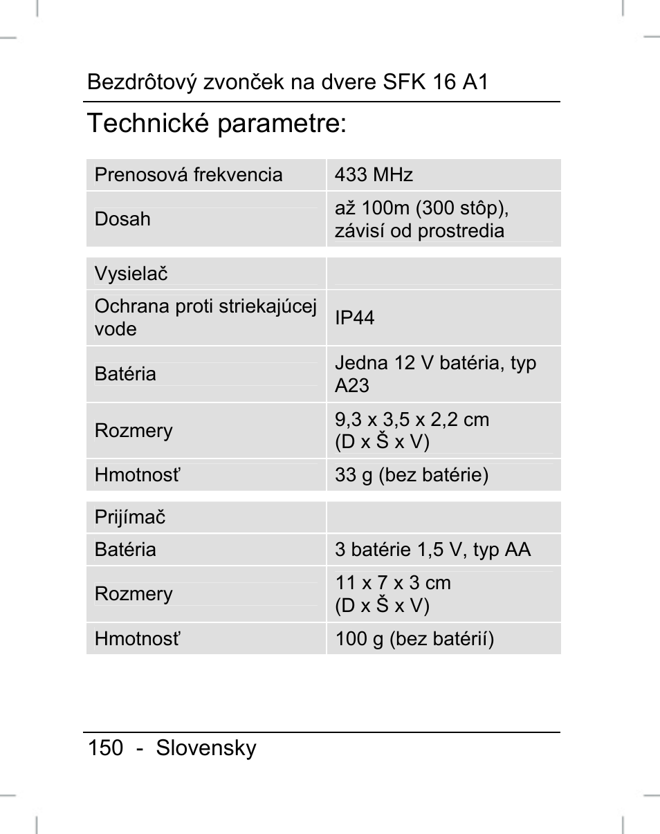 Technické parametre, Bezdrôtový zvonček na dvere sfk 16 a1, 150 - slovensky | Silvercrest SFK 16 A1 User Manual | Page 152 / 155