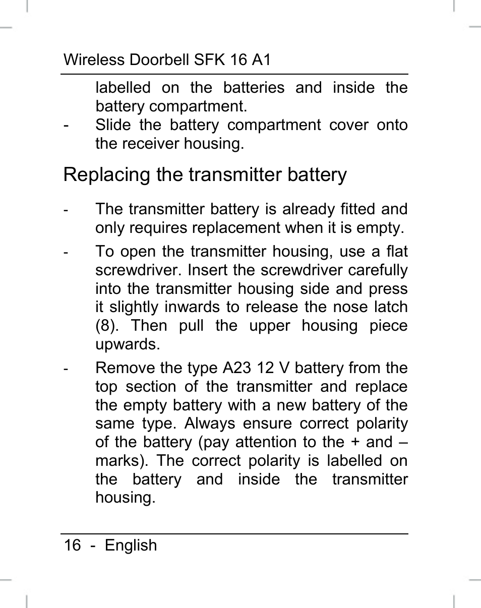 Replacing the transmitter battery | Silvercrest SFK 16 A1 User Manual | Page 18 / 155