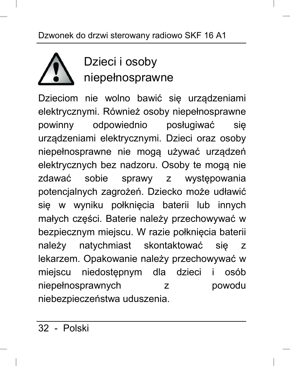 Dzieci i osoby niepełnosprawne, 32 - polski | Silvercrest SFK 16 A1 User Manual | Page 34 / 155