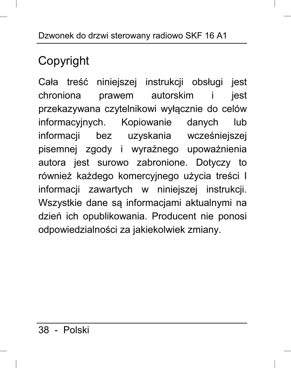 Copyright | Silvercrest SFK 16 A1 User Manual | Page 40 / 155