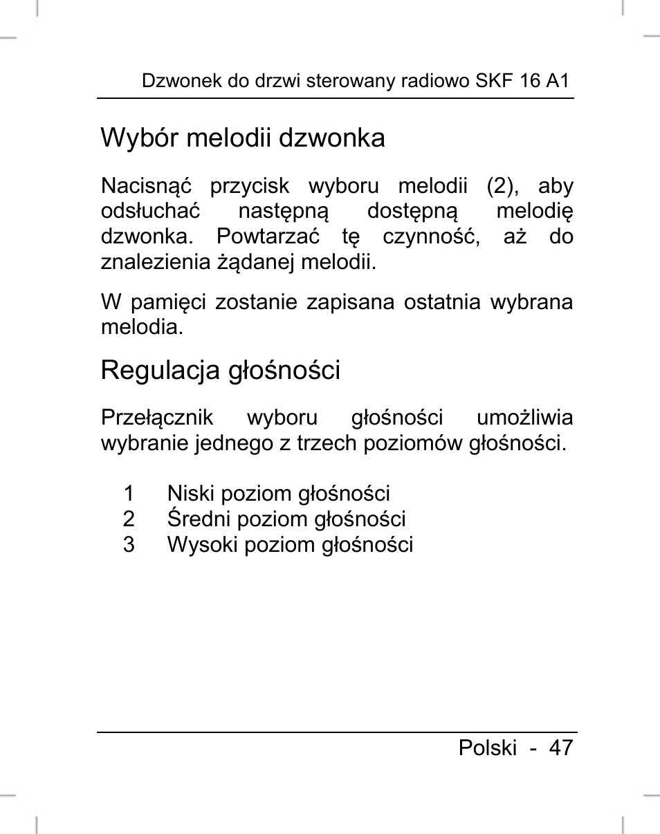 Wybór melodii dzwonka, Regulacja głośności | Silvercrest SFK 16 A1 User Manual | Page 49 / 155