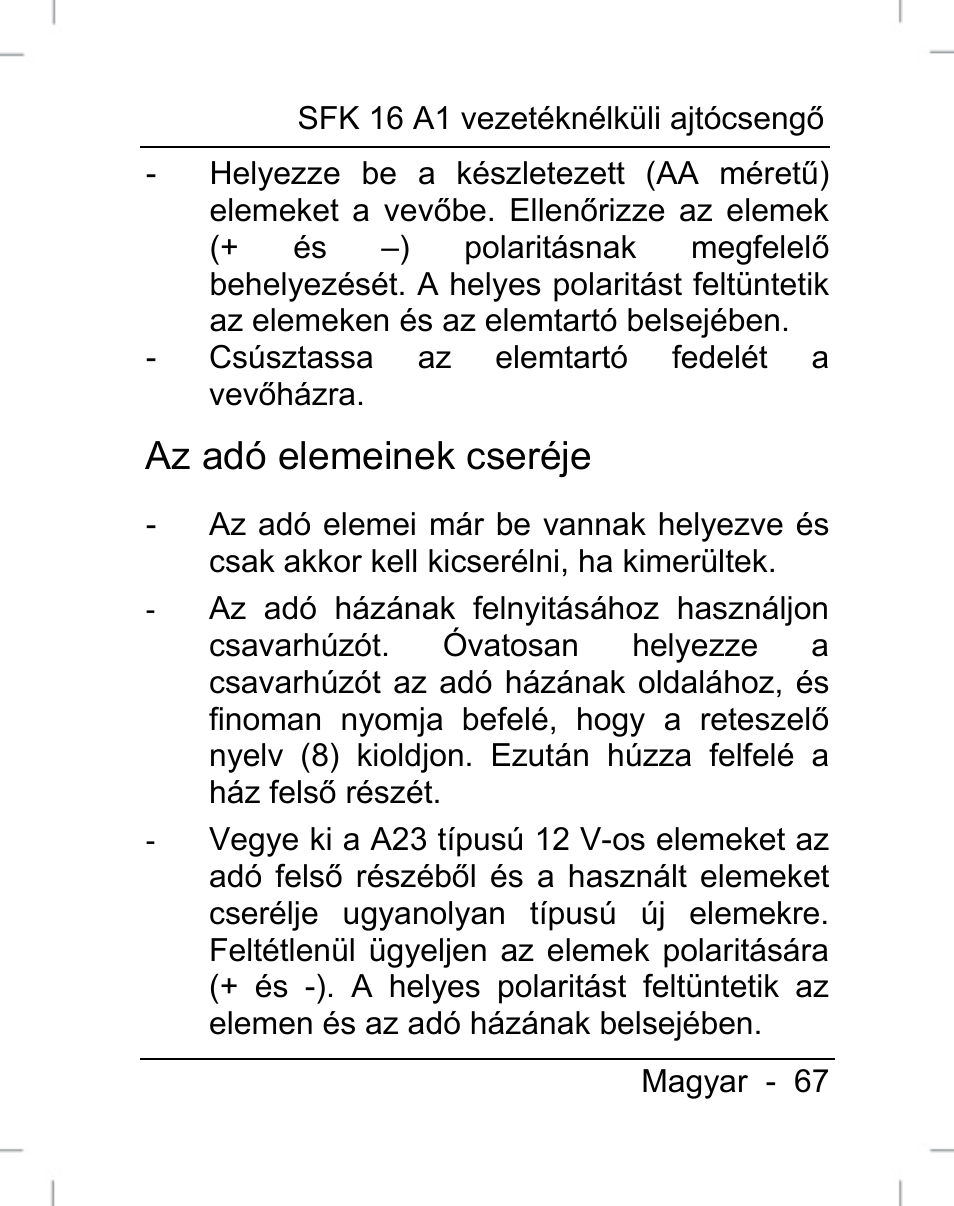 Az adó elemeinek cseréje | Silvercrest SFK 16 A1 User Manual | Page 69 / 155