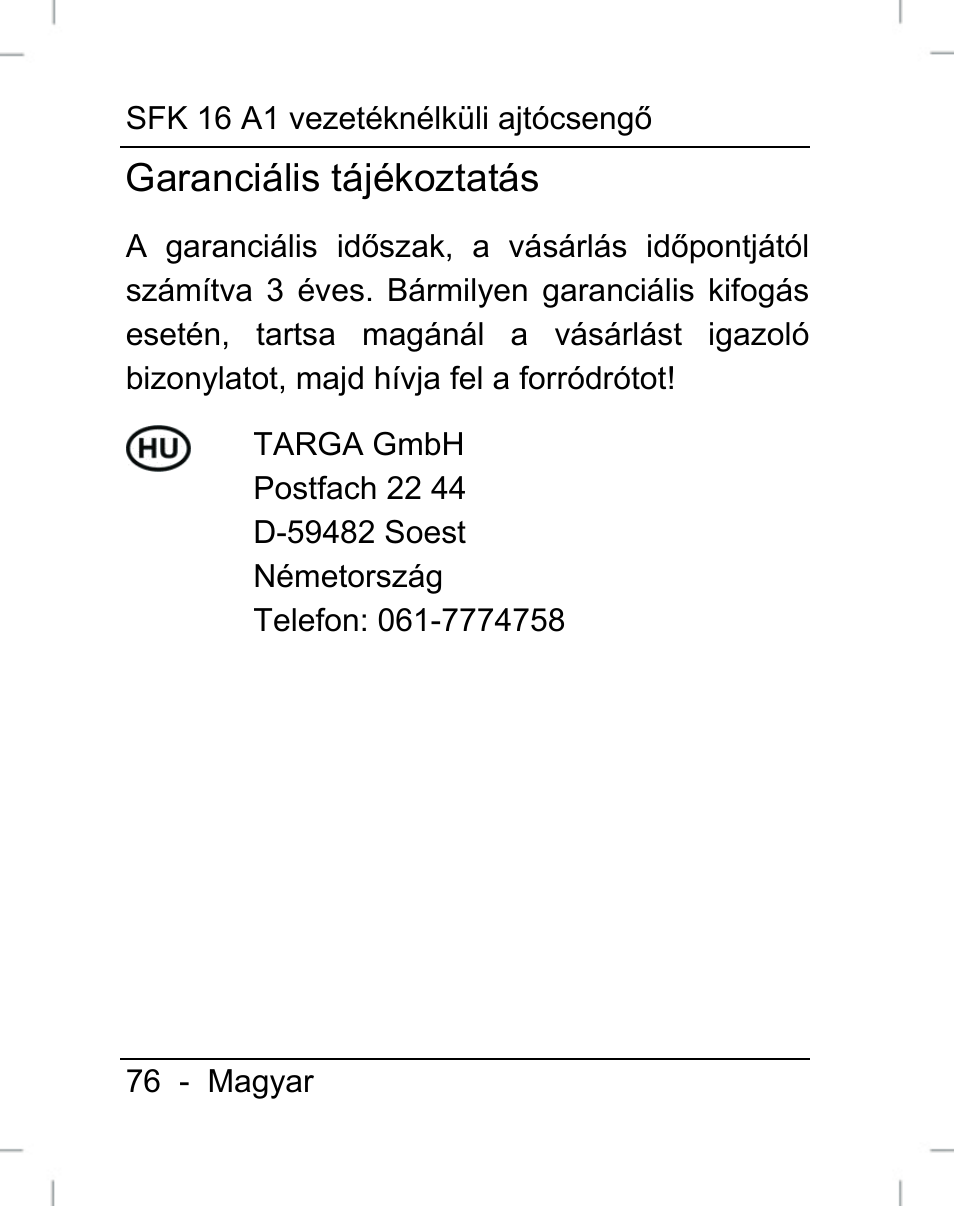 Garanciális tájékoztatás | Silvercrest SFK 16 A1 User Manual | Page 78 / 155