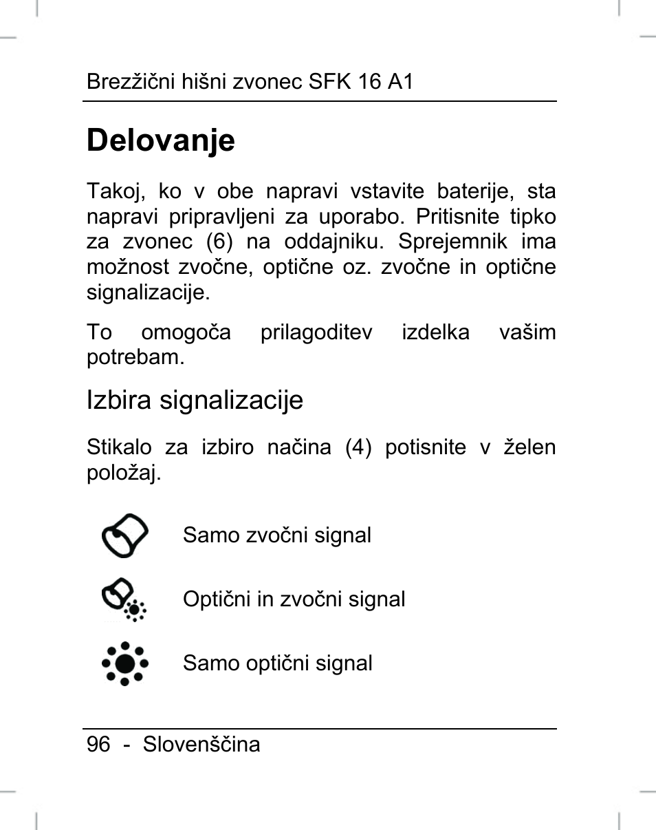 Delovanje, Izbira signalizacije | Silvercrest SFK 16 A1 User Manual | Page 98 / 155