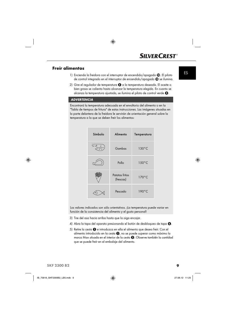 Freír alimentos | Silvercrest SKF 2300 B2 User Manual | Page 12 / 84